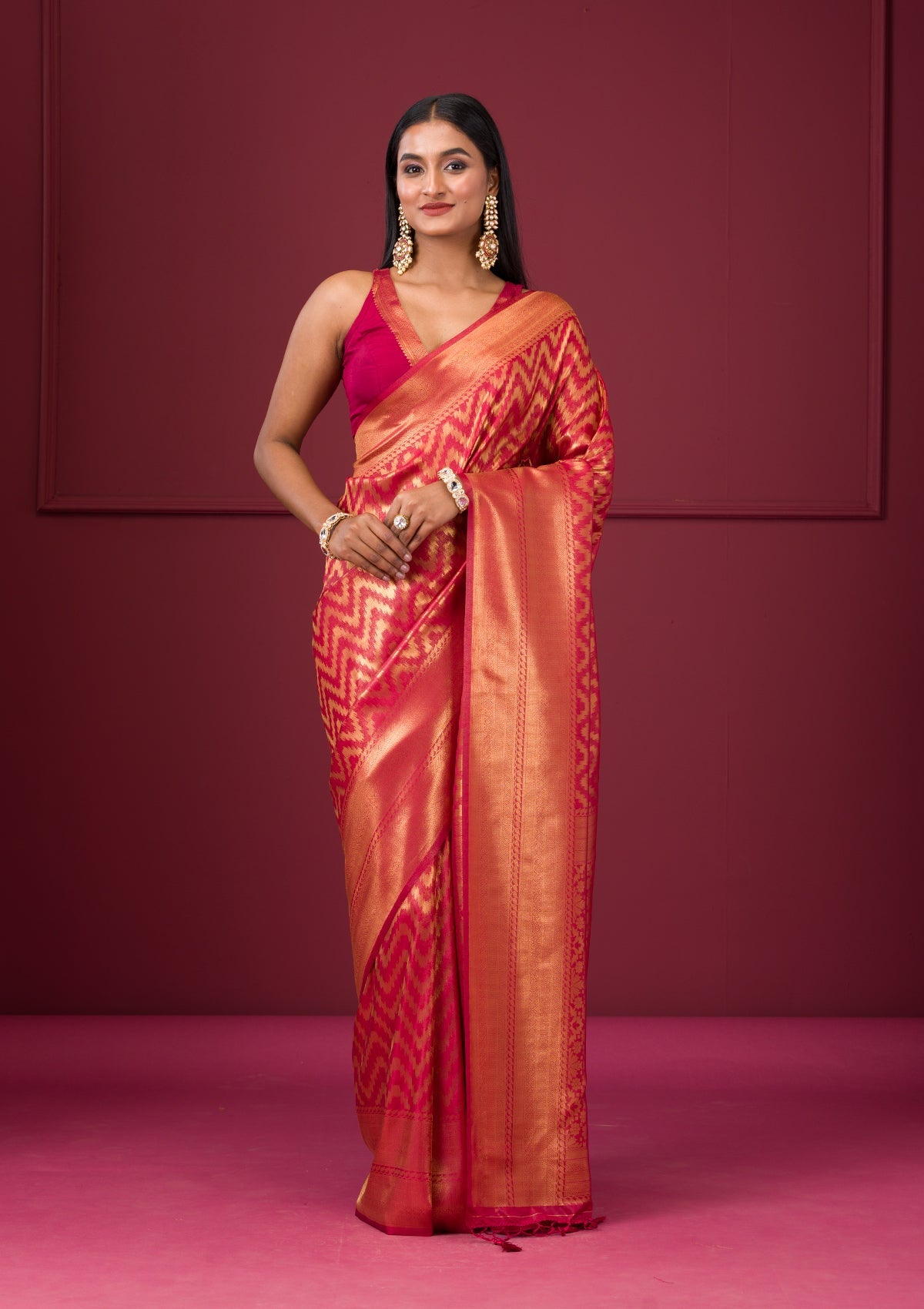 Onion Pink Zariwork Soft Silk Saree-Koskii