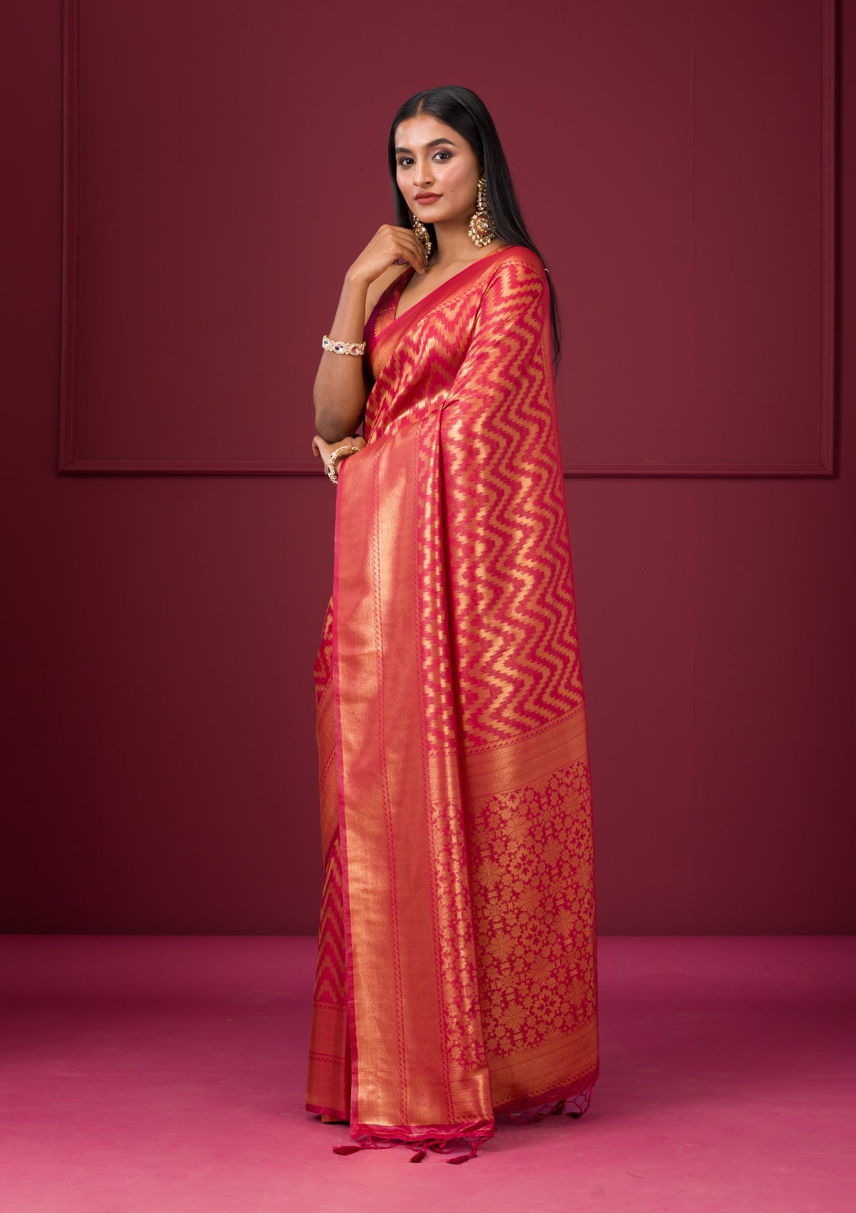 Onion Pink Zariwork Soft Silk Saree-Koskii