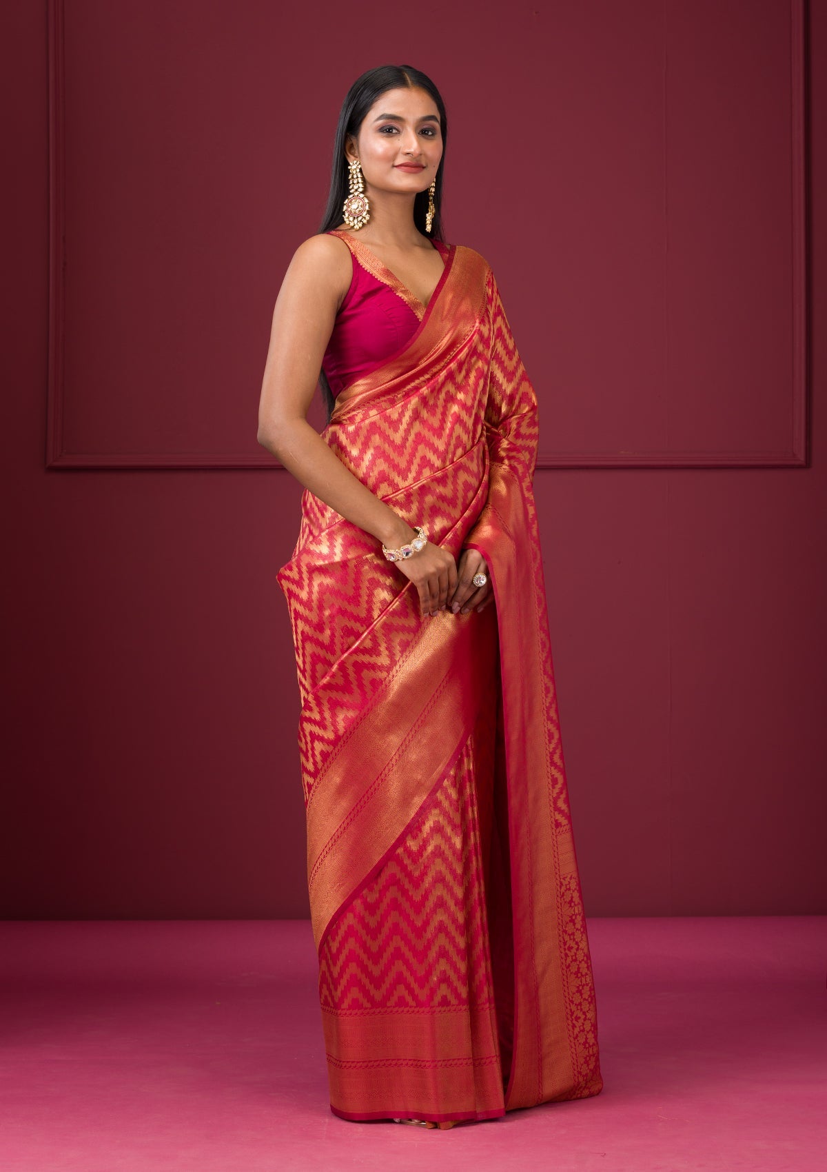 Onion Pink Zariwork Soft Silk Saree-Koskii