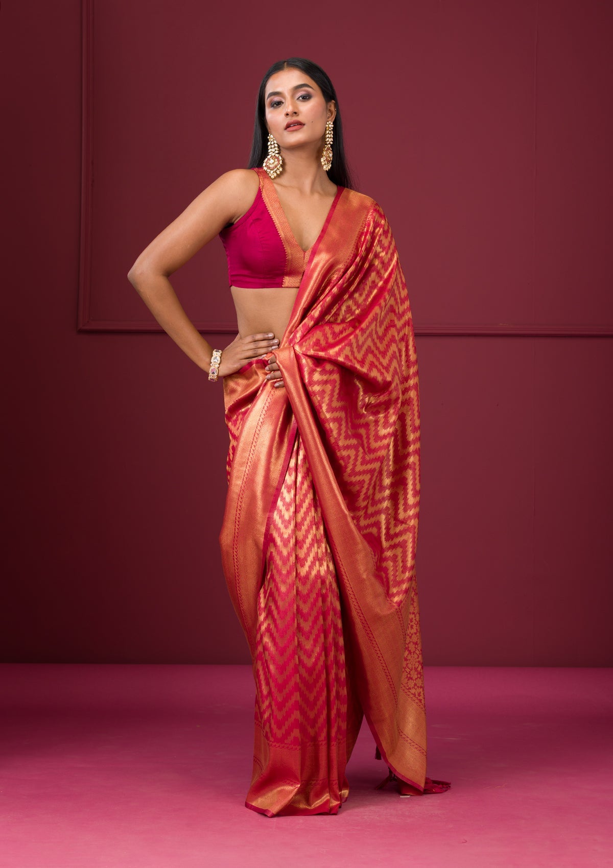 Onion Pink Zariwork Soft Silk Saree-Koskii