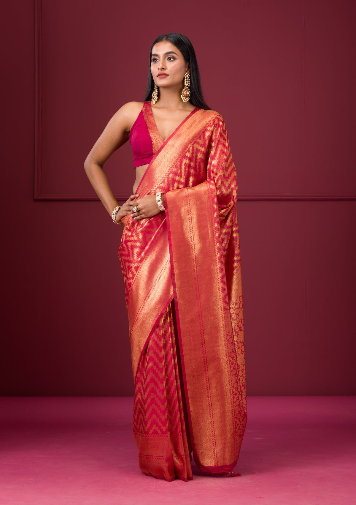 Onion Pink Zariwork Soft Silk Saree-Koskii