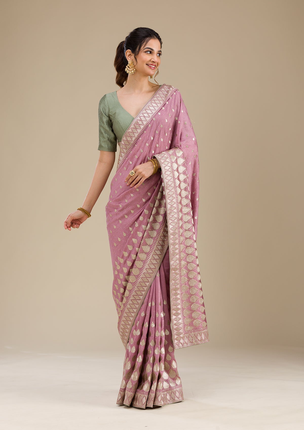 Onion Pink Zariwork Soft Silk Saree-Koskii