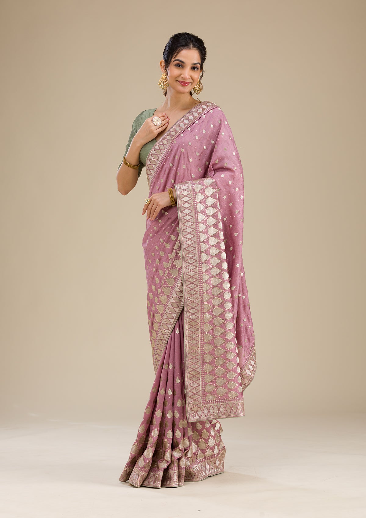 Onion Pink Zariwork Soft Silk Saree-Koskii