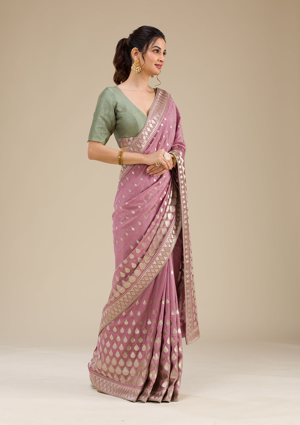 Onion Pink Zariwork Soft Silk Saree-Koskii