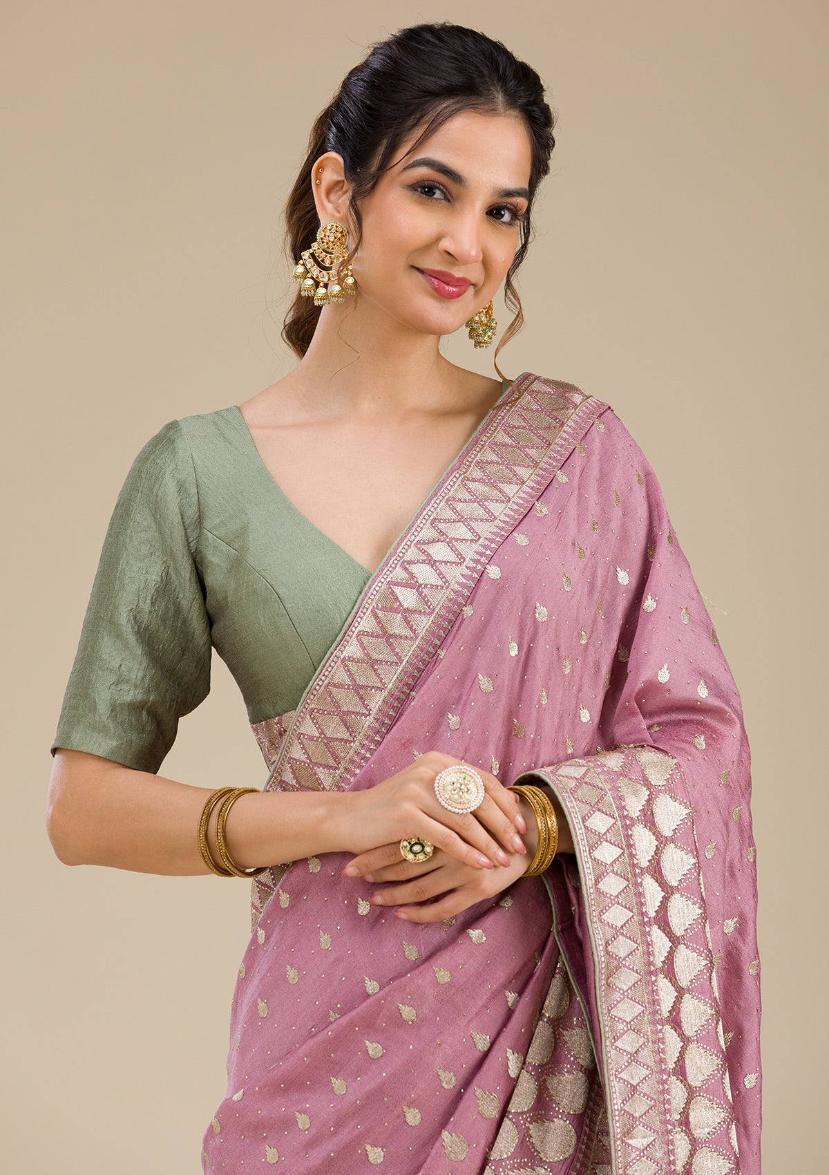 Onion Pink Zariwork Soft Silk Saree-Koskii