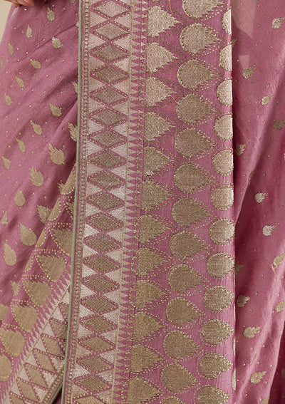 Onion Pink Zariwork Soft Silk Saree-Koskii