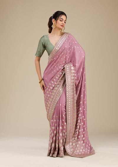 Onion Pink Zariwork Soft Silk Saree-Koskii