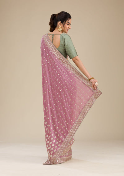 Onion Pink Zariwork Soft Silk Saree-Koskii