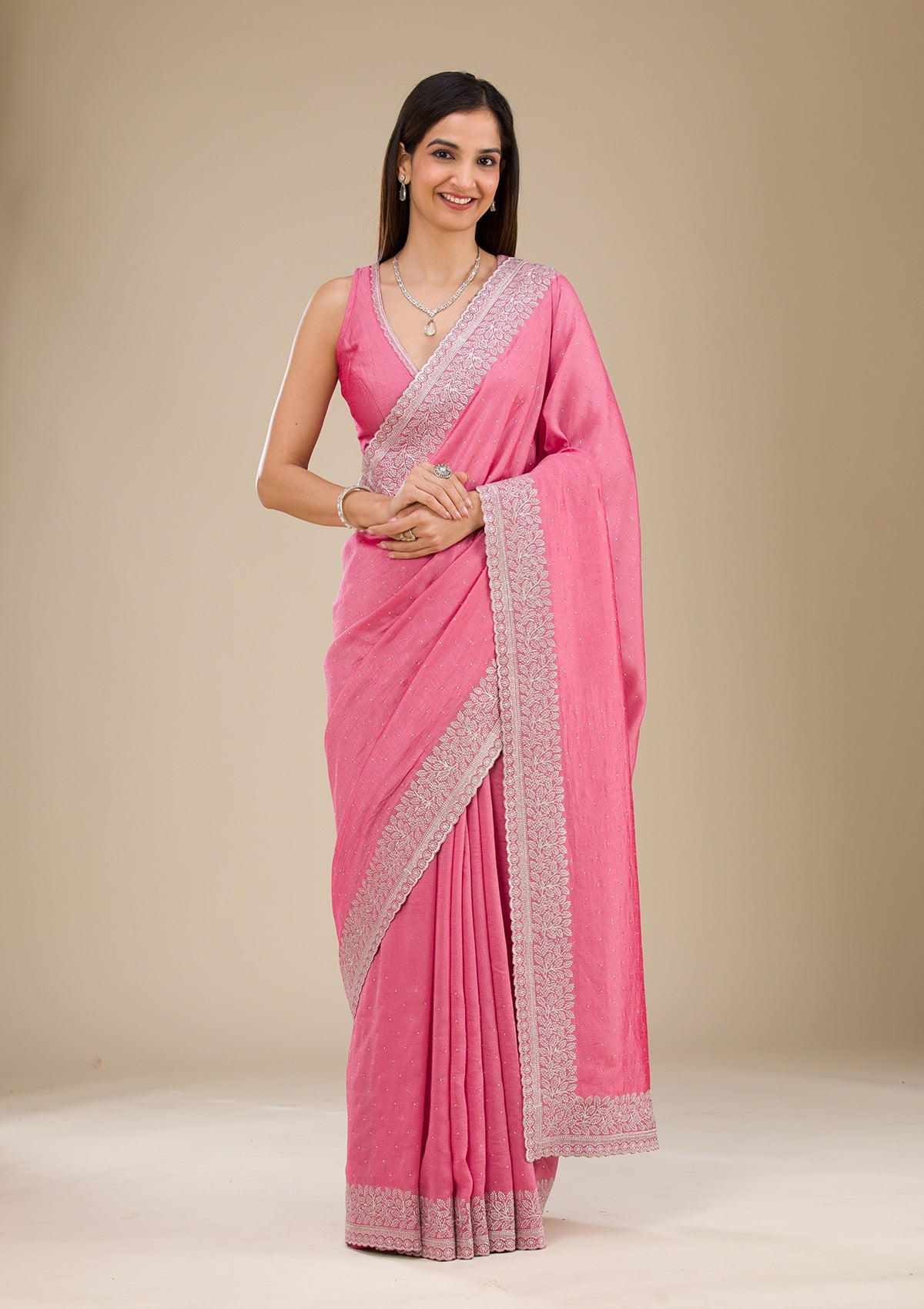 Onion Pink Zariwork Soft Silk Saree-Koskii