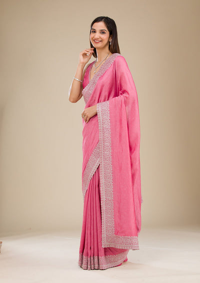 Onion Pink Zariwork Soft Silk Saree-Koskii