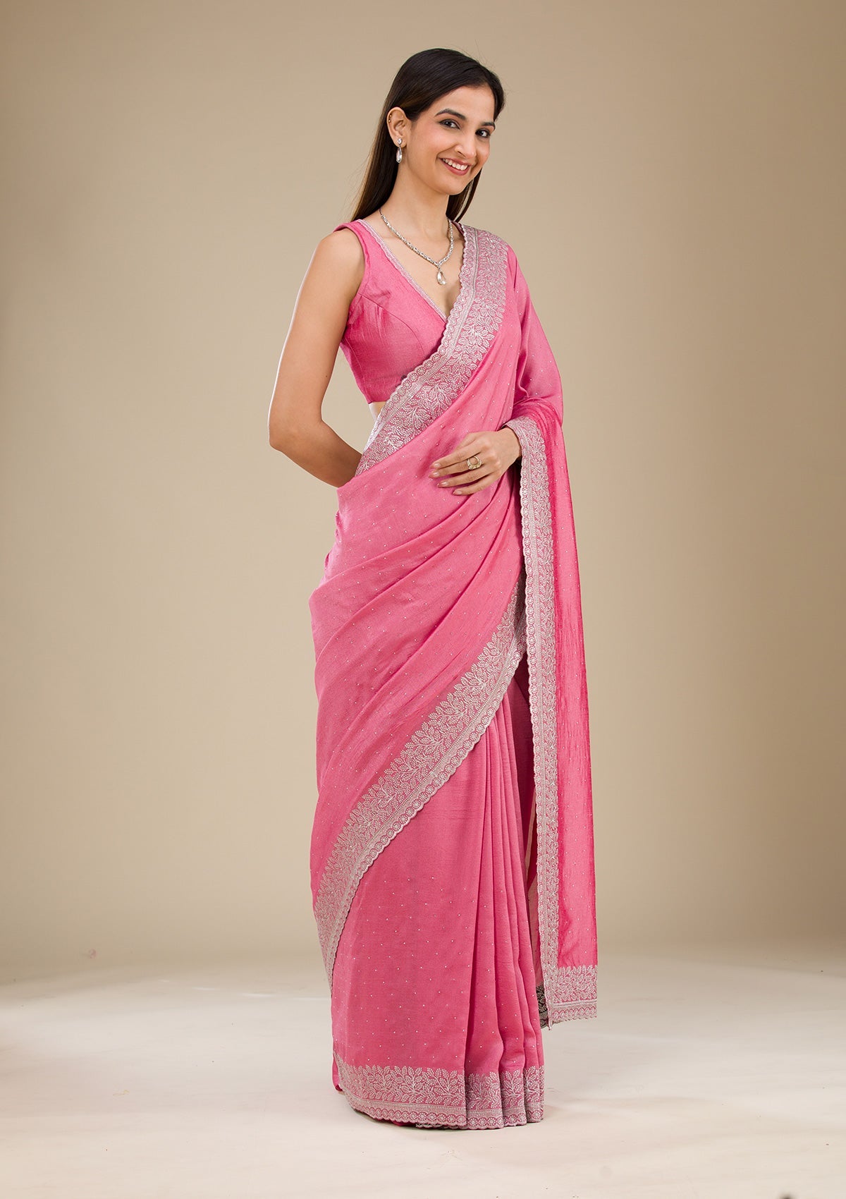 Onion Pink Zariwork Soft Silk Saree-Koskii