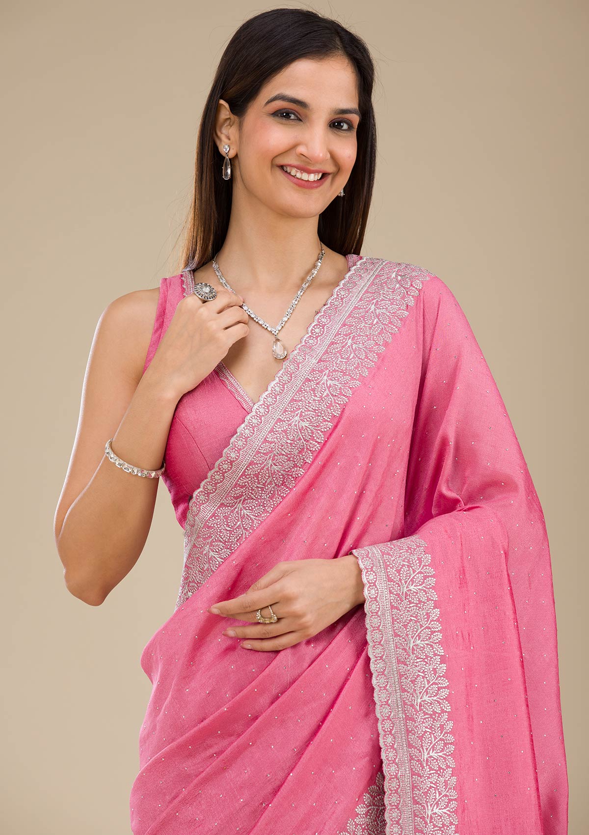 Onion Pink Zariwork Soft Silk Saree-Koskii