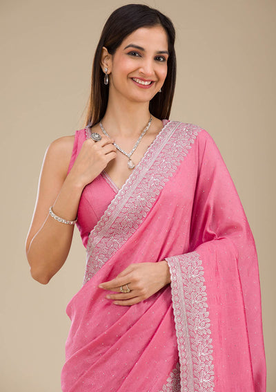 Onion Pink Zariwork Soft Silk Saree-Koskii