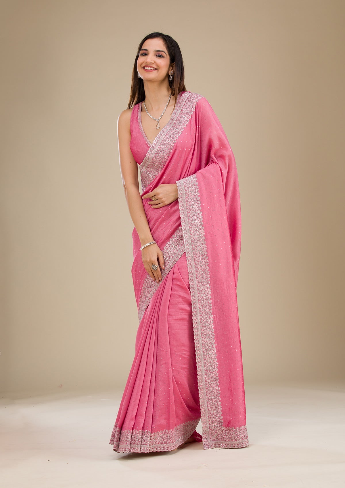 Buy Onion Pink Zariwork Soft Silk Saree - Koskii