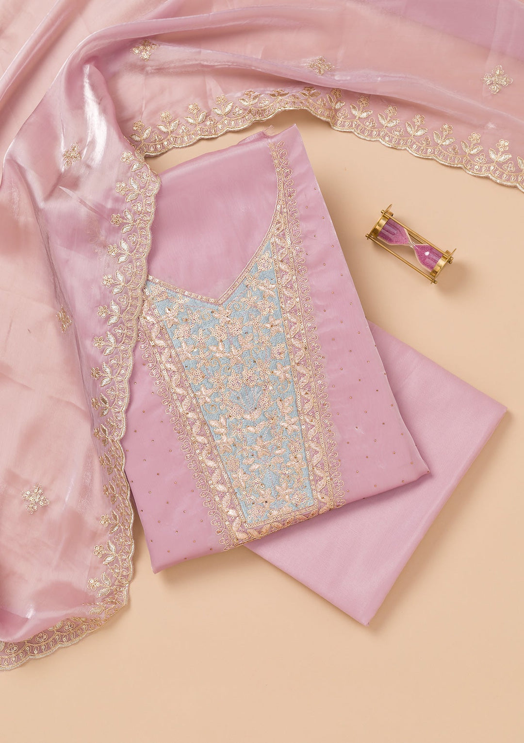 Onion Pink Zariwork Tissue Unstitched Salwar Kameez-Koskii