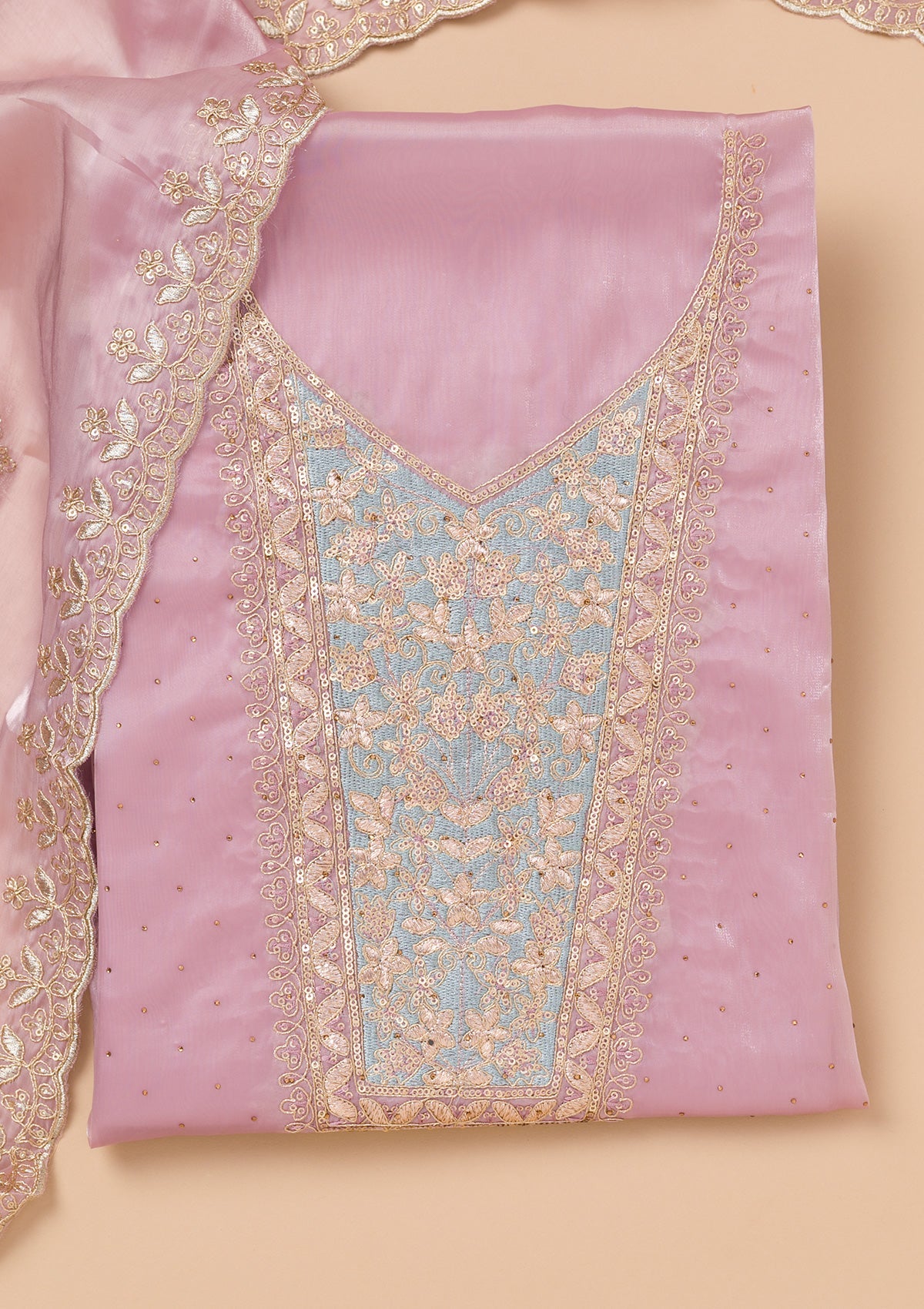 Onion Pink Zariwork Tissue Unstitched Salwar Kameez-Koskii