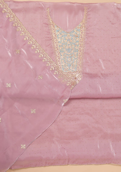 Onion Pink Zariwork Tissue Unstitched Salwar Kameez-Koskii