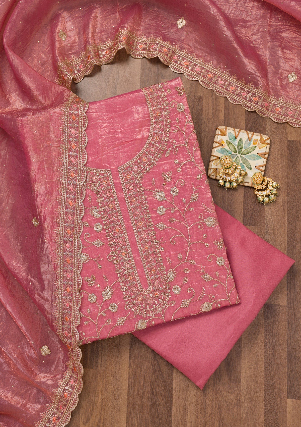 Onion Pink Zariwork Tissue Unstitched Salwar Suit-Koskii