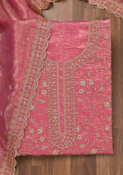 Onion Pink Zariwork Tissue Unstitched Salwar Suit-Koskii