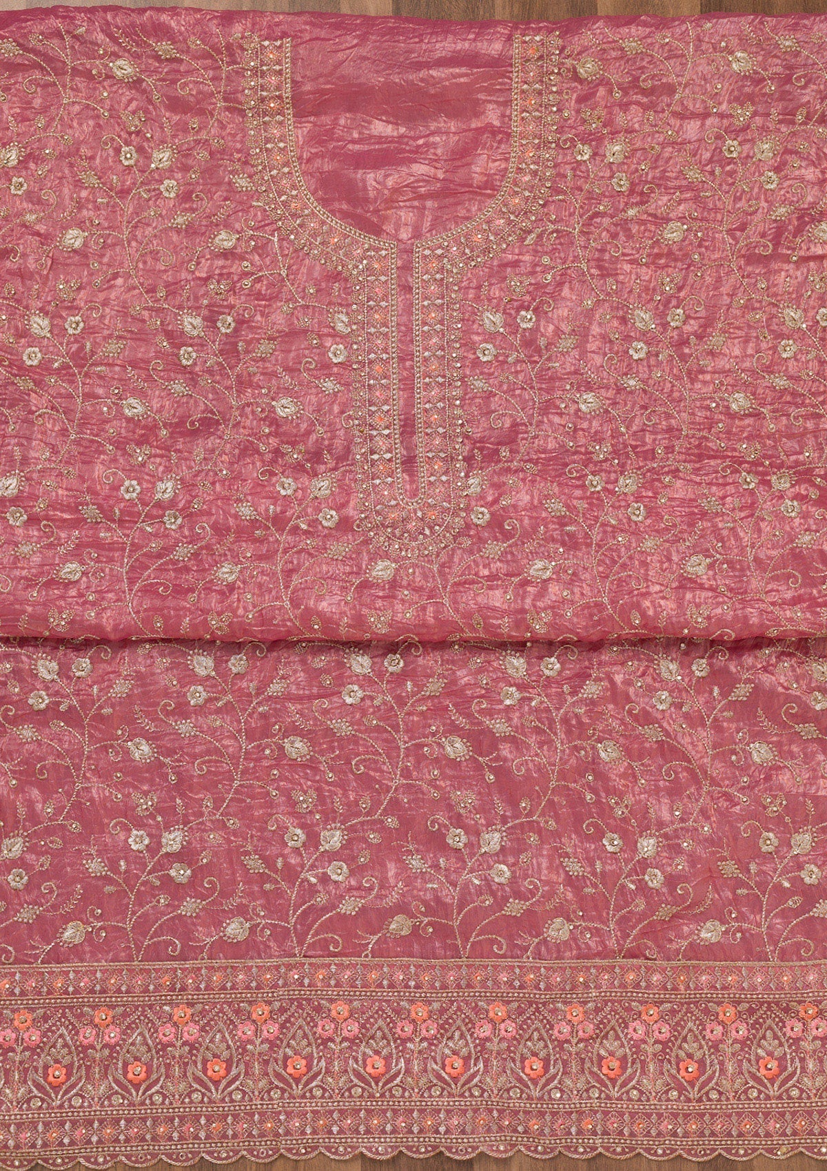 Onion Pink Zariwork Tissue Unstitched Salwar Suit-Koskii