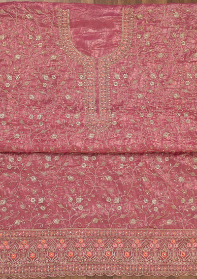 Onion Pink Zariwork Tissue Unstitched Salwar Suit-Koskii