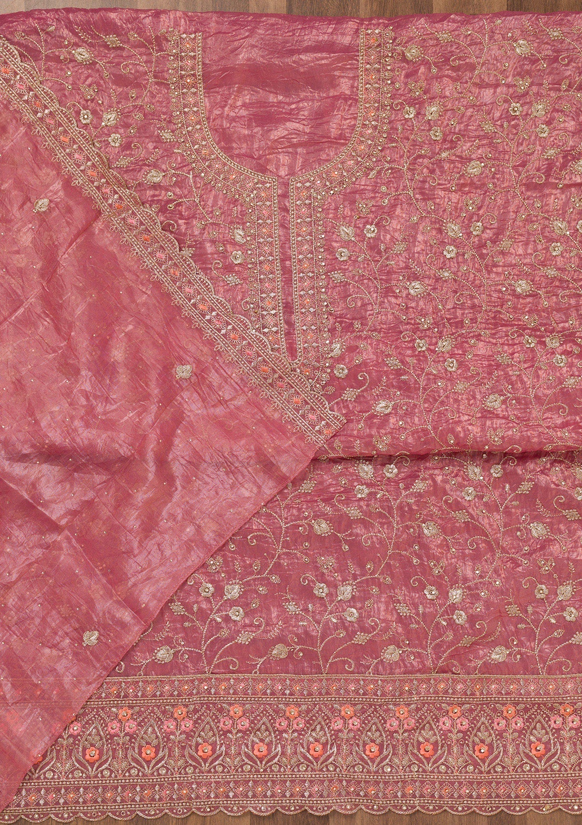 Onion Pink Zariwork Tissue Unstitched Salwar Suit-Koskii