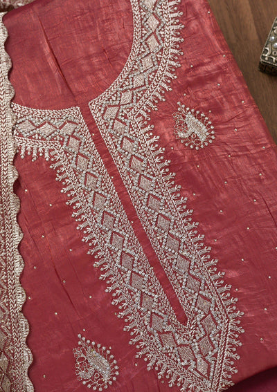 Onion Pink Zariwork Tissue Unstitched Salwar Suit-Koskii