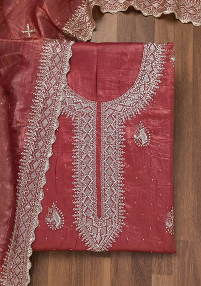 Onion Pink Zariwork Tissue Unstitched Salwar Suit-Koskii