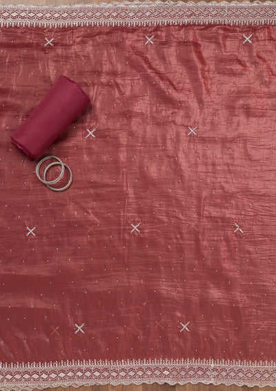 Onion Pink Zariwork Tissue Unstitched Salwar Suit-Koskii