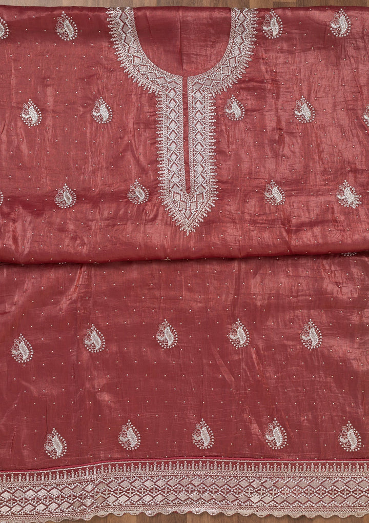 Onion Pink Zariwork Tissue Unstitched Salwar Suit-Koskii