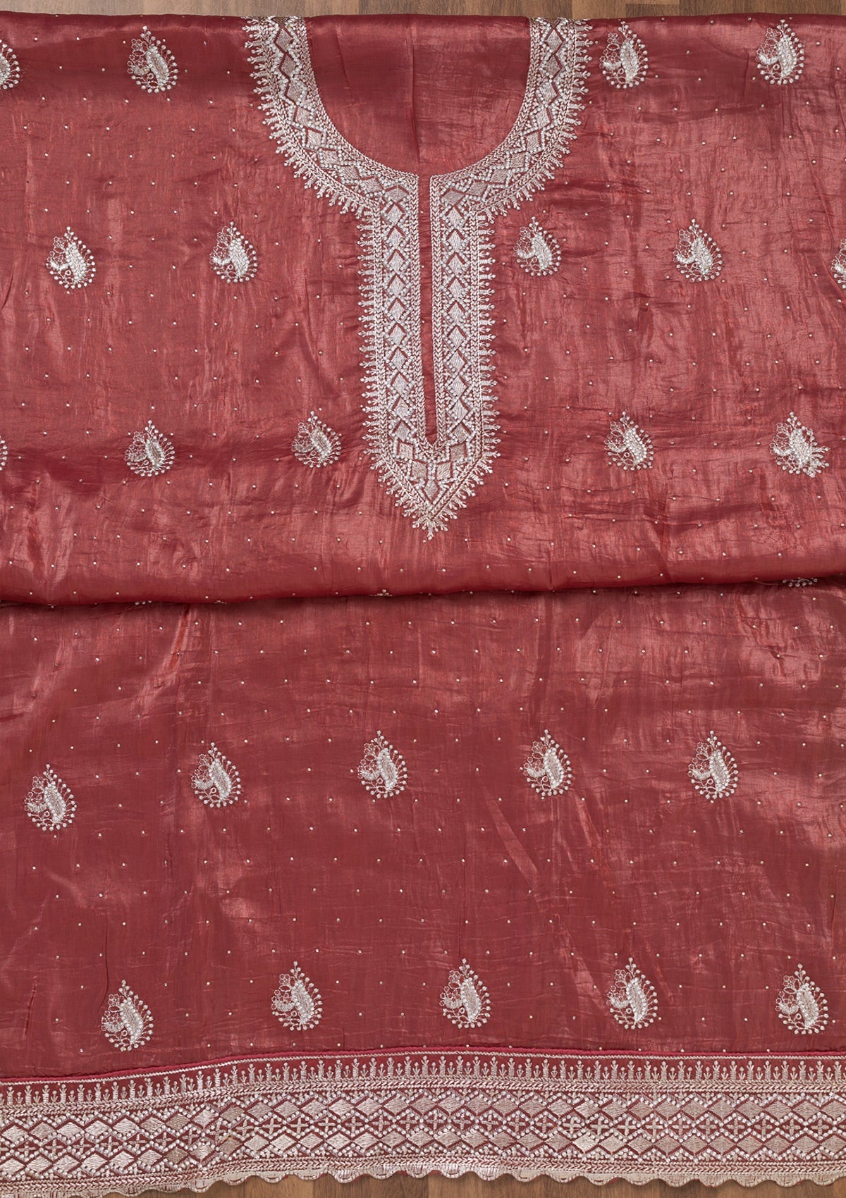 Onion Pink Zariwork Tissue Unstitched Salwar Suit-Koskii