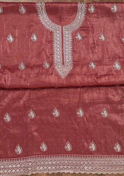 Onion Pink Zariwork Tissue Unstitched Salwar Suit-Koskii