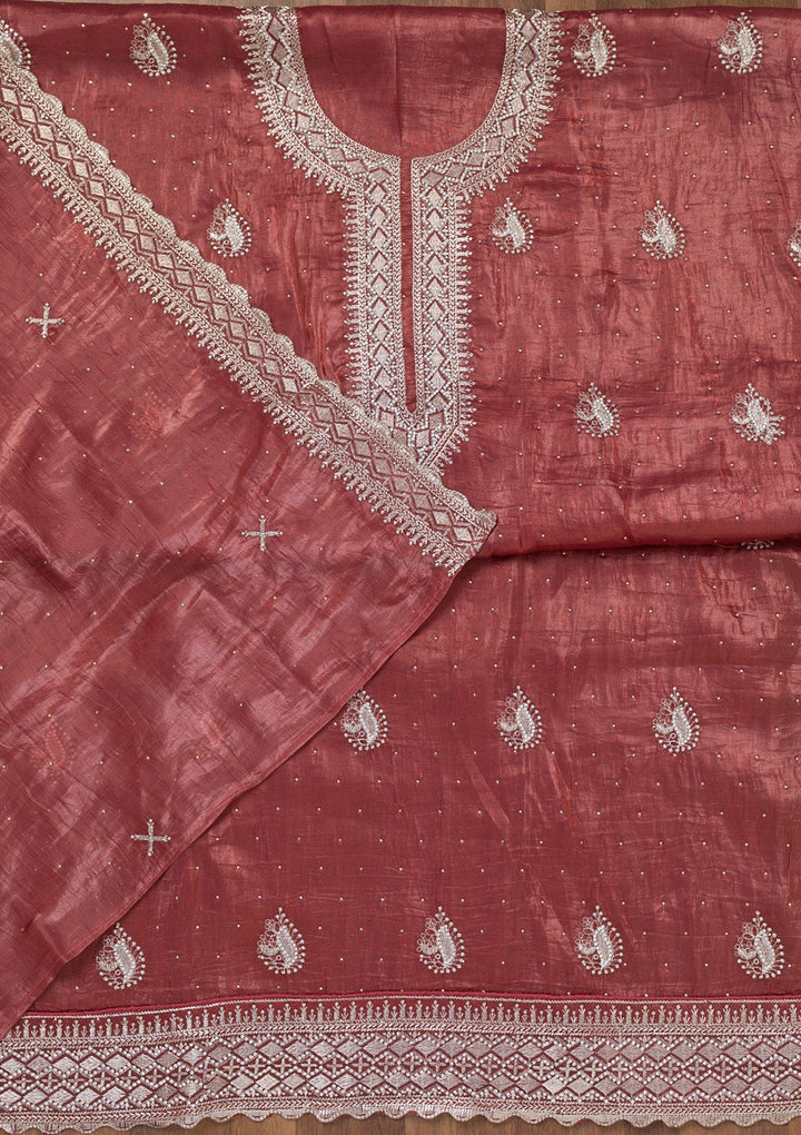 Onion Pink Zariwork Tissue Unstitched Salwar Suit-Koskii
