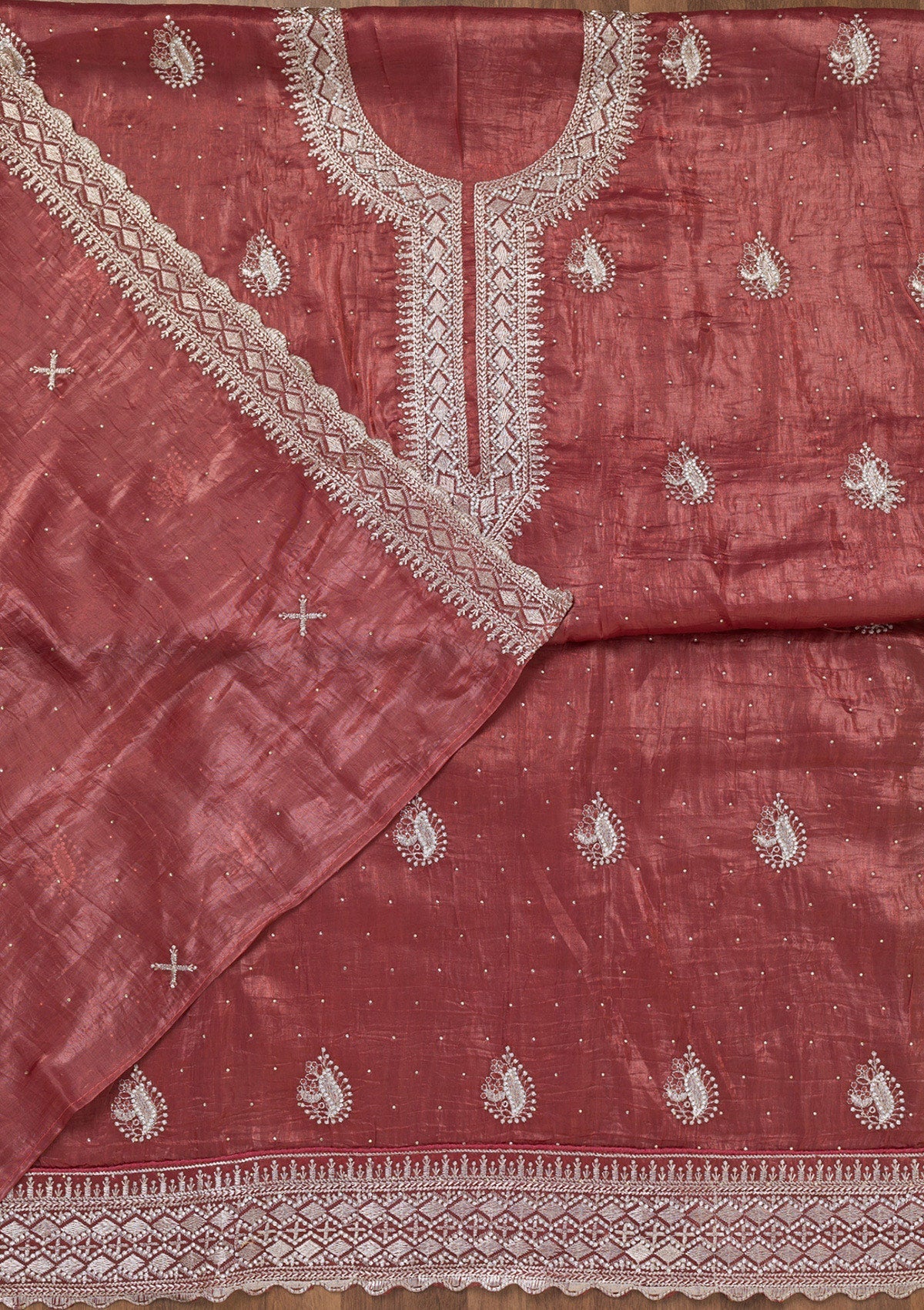 Onion Pink Zariwork Tissue Unstitched Salwar Suit-Koskii