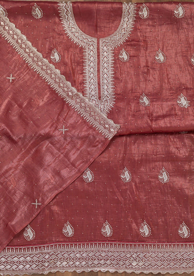 Onion Pink Zariwork Tissue Unstitched Salwar Suit-Koskii