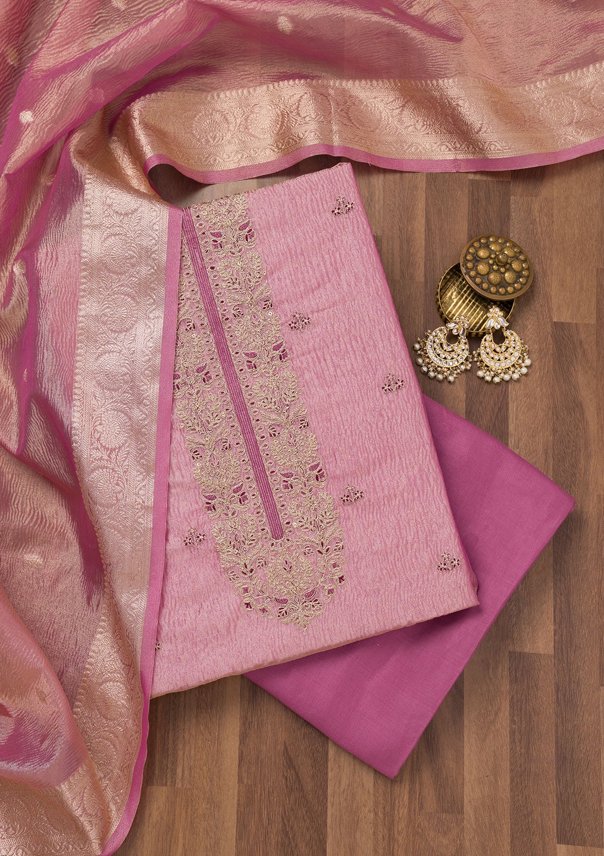 Onion Pink Zariwork Tissue Unstitched Salwar Suit-Koskii