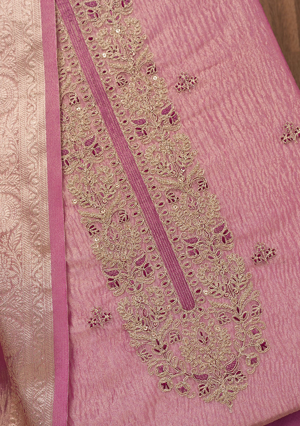 Onion Pink Zariwork Tissue Unstitched Salwar Suit-Koskii