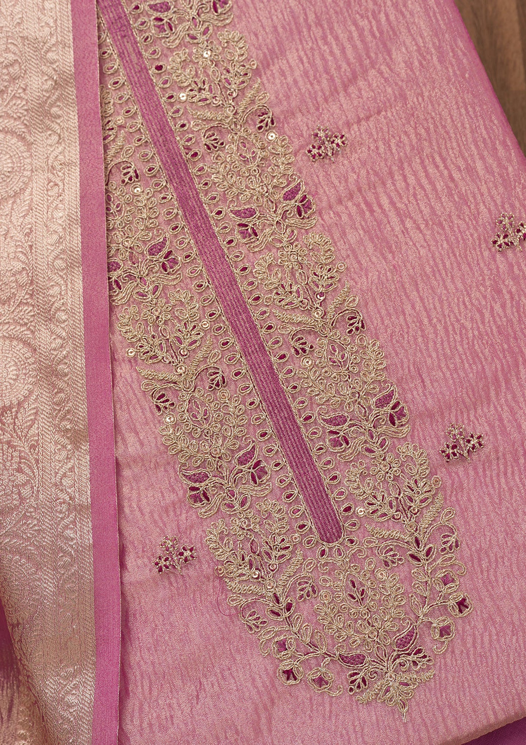Onion Pink Zariwork Tissue Unstitched Salwar Suit-Koskii