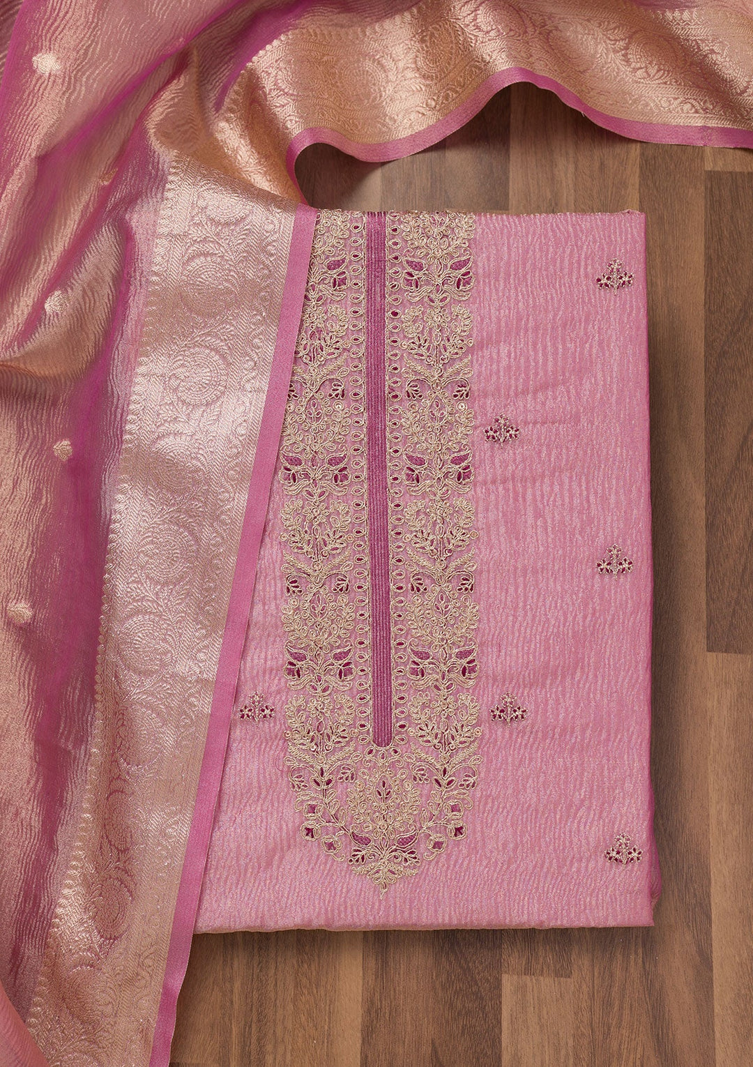 Onion Pink Zariwork Tissue Unstitched Salwar Suit-Koskii
