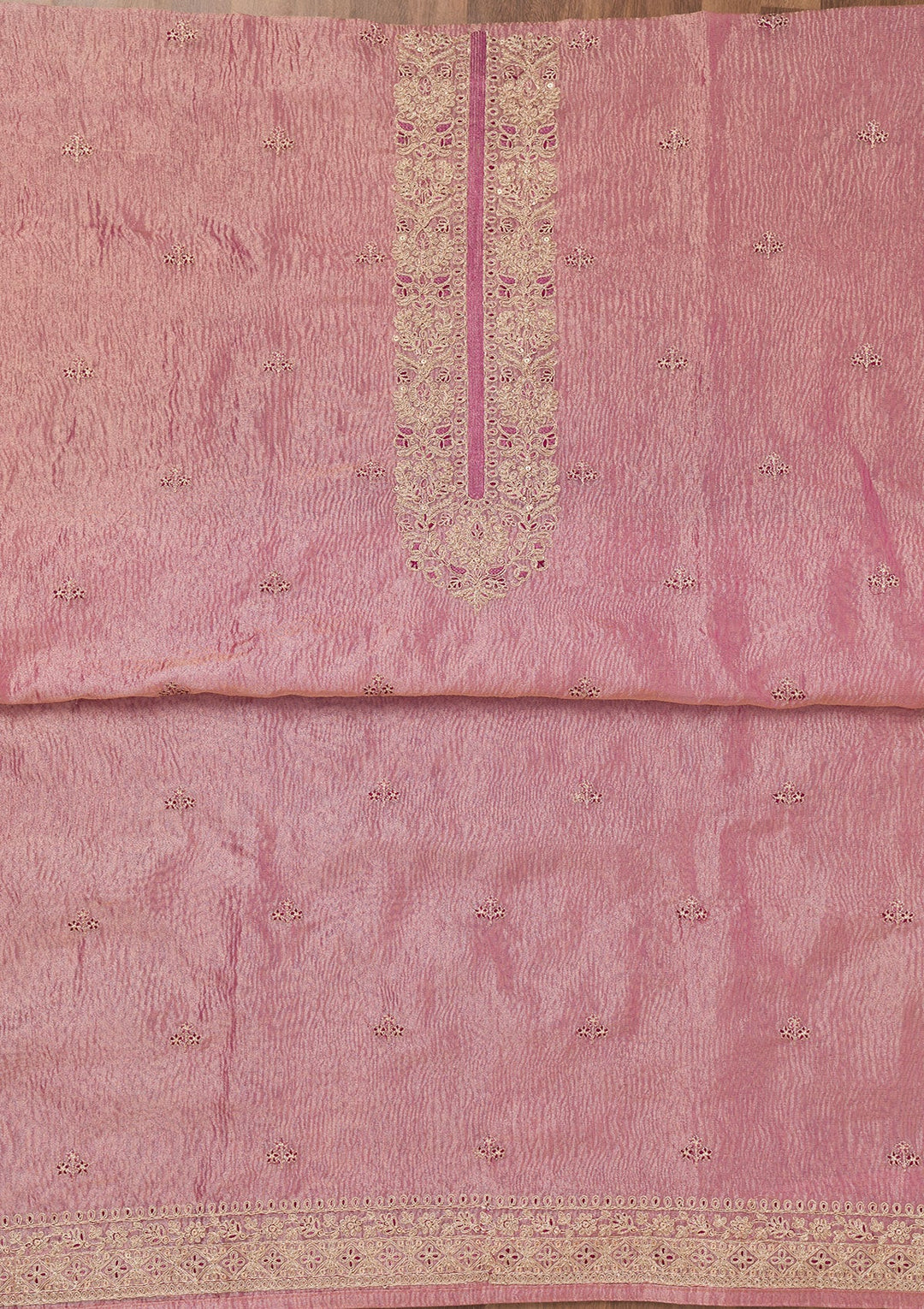 Onion Pink Zariwork Tissue Unstitched Salwar Suit-Koskii