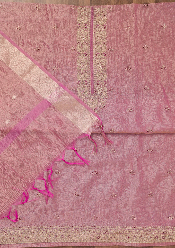 Onion Pink Zariwork Tissue Unstitched Salwar Suit-Koskii