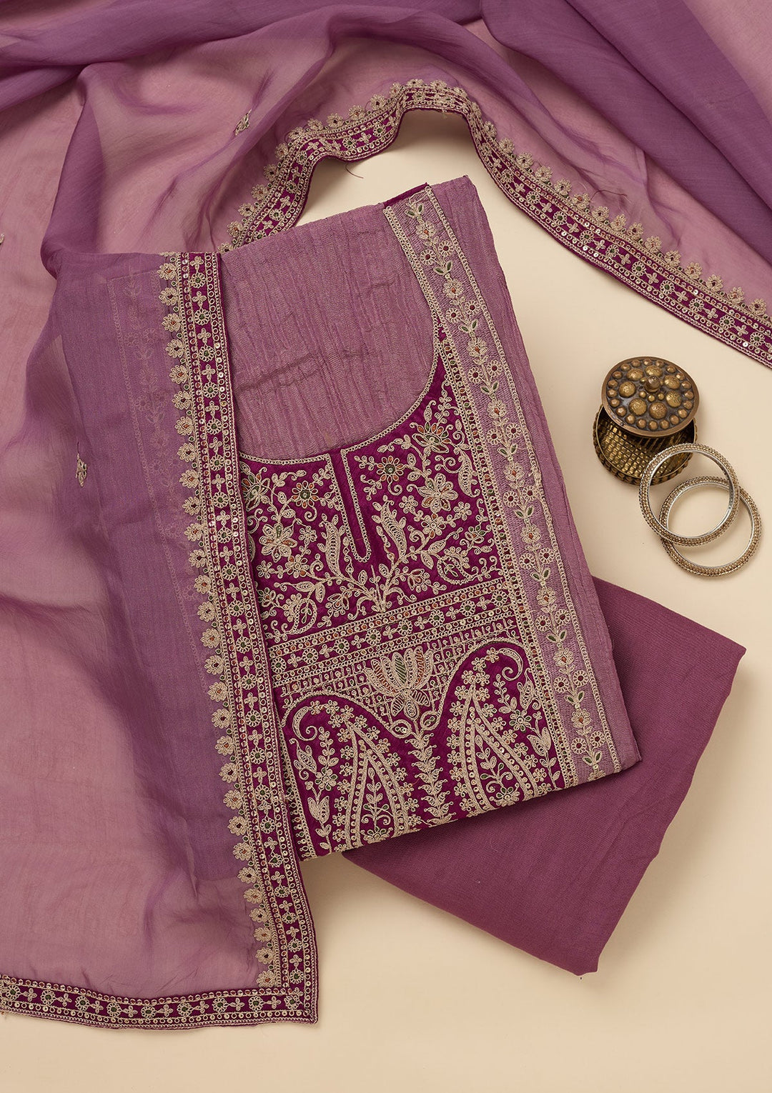 Onion Pink Zariwork Tissue Unstitched Salwar Suit-Koskii