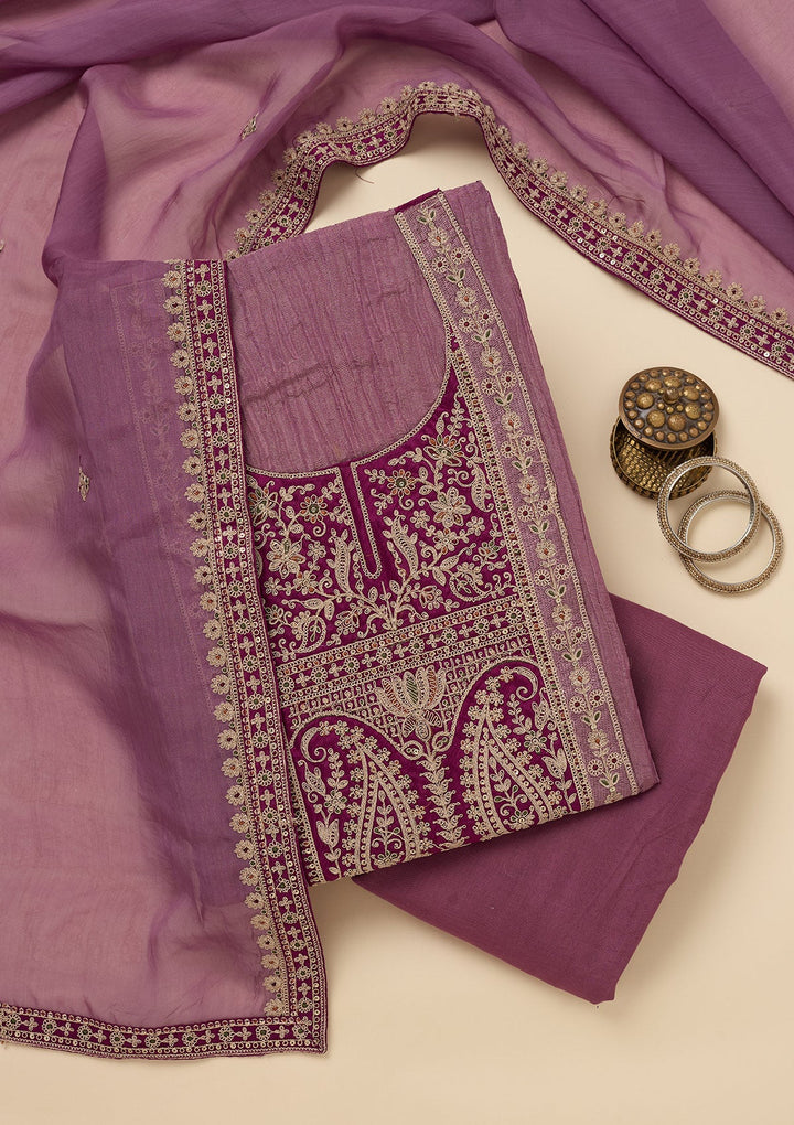 Onion Pink Zariwork Tissue Unstitched Salwar Suit-Koskii