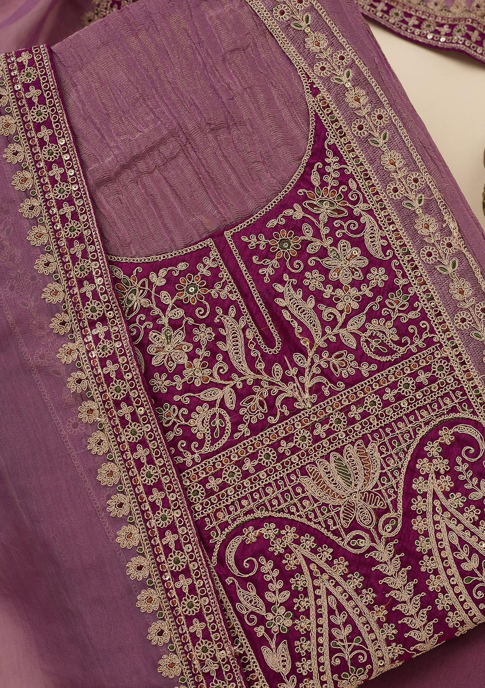 Onion Pink Zariwork Tissue Unstitched Salwar Suit-Koskii