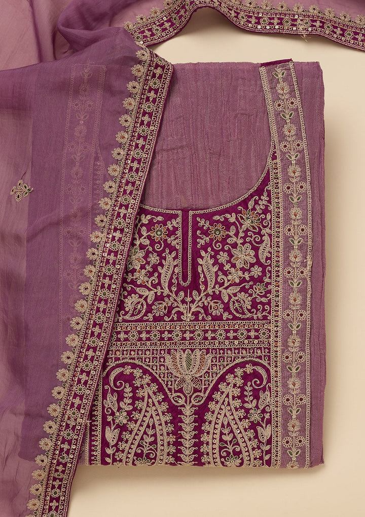 Onion Pink Zariwork Tissue Unstitched Salwar Suit-Koskii