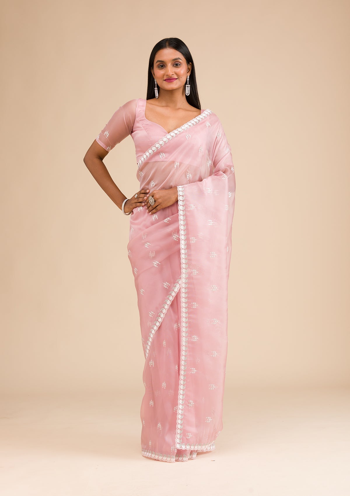 Onion Pink Zariwork Tissue Saree-Koskii