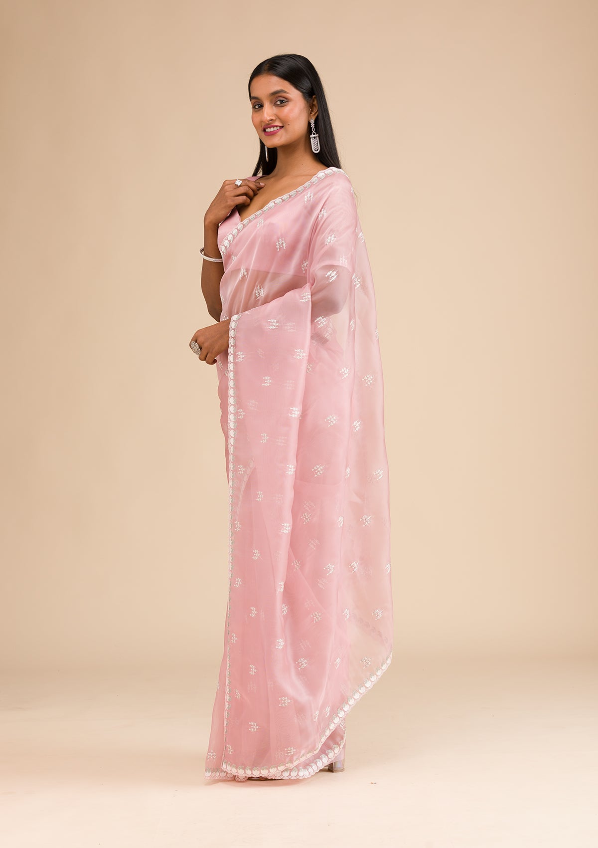 Onion Pink Zariwork Tissue Saree-Koskii