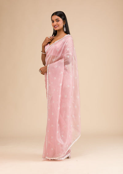 Onion Pink Zariwork Tissue Saree-Koskii