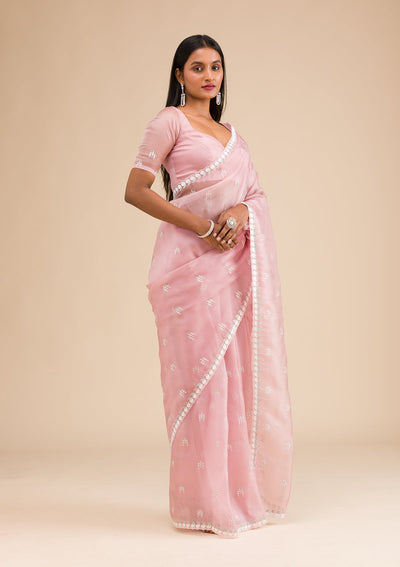 Onion Pink Zariwork Tissue Saree-Koskii