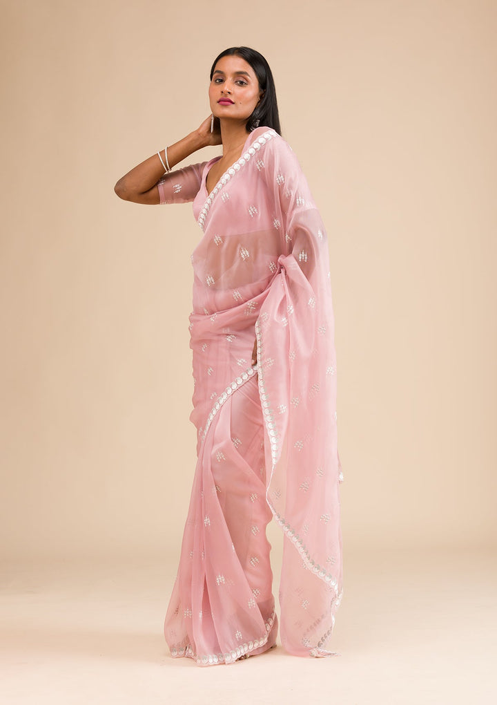 Onion Pink Zariwork Tissue Saree-Koskii